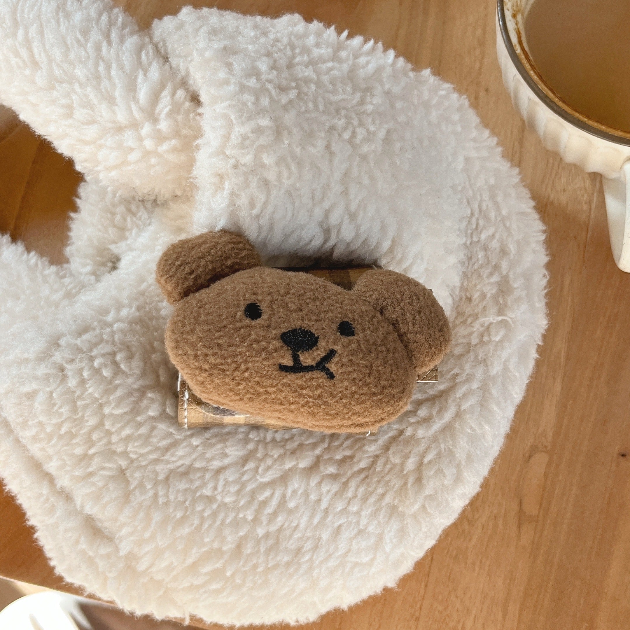 Brown plaid plush bear leather bag and earphone cover