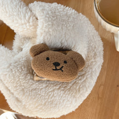 Brown plaid plush bear leather bag and earphone cover