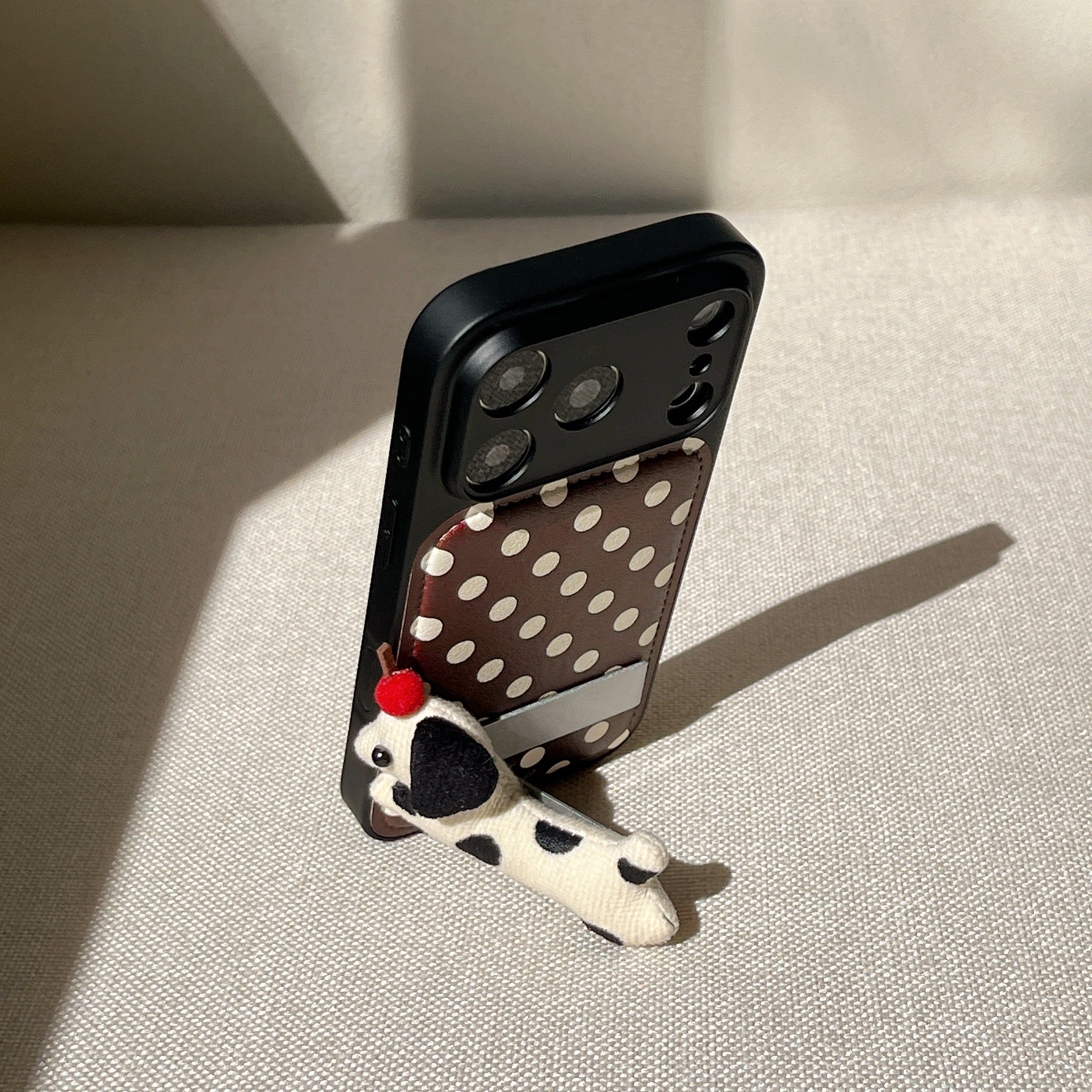 Burgundy polka dot + dog-shaped stand with large window phone case