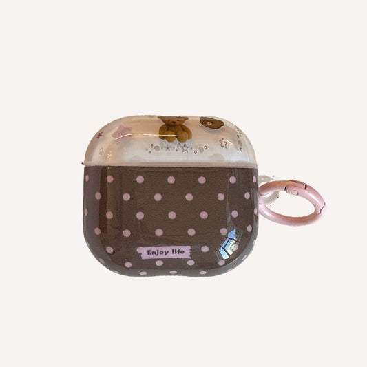Brown and pink polka dot bear AirPods earphone case