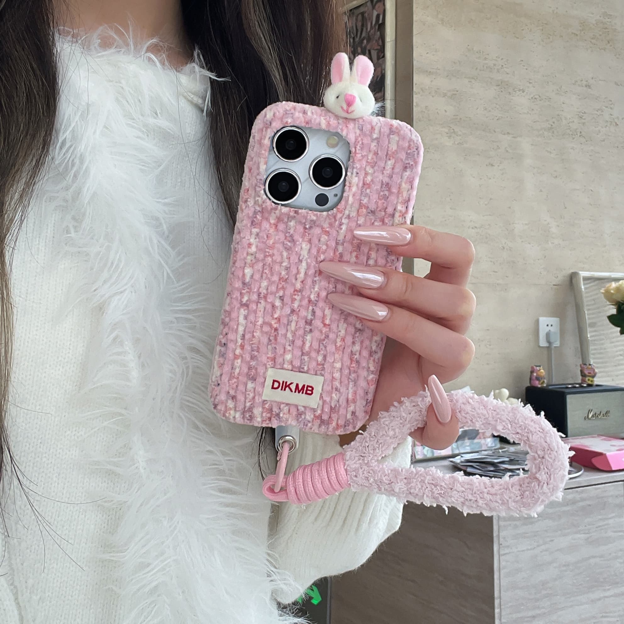Two-tone corduroy bear and rabbit head phone case