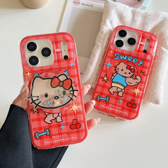 Red plaid Hercules Kitty phone case with magnetic stand