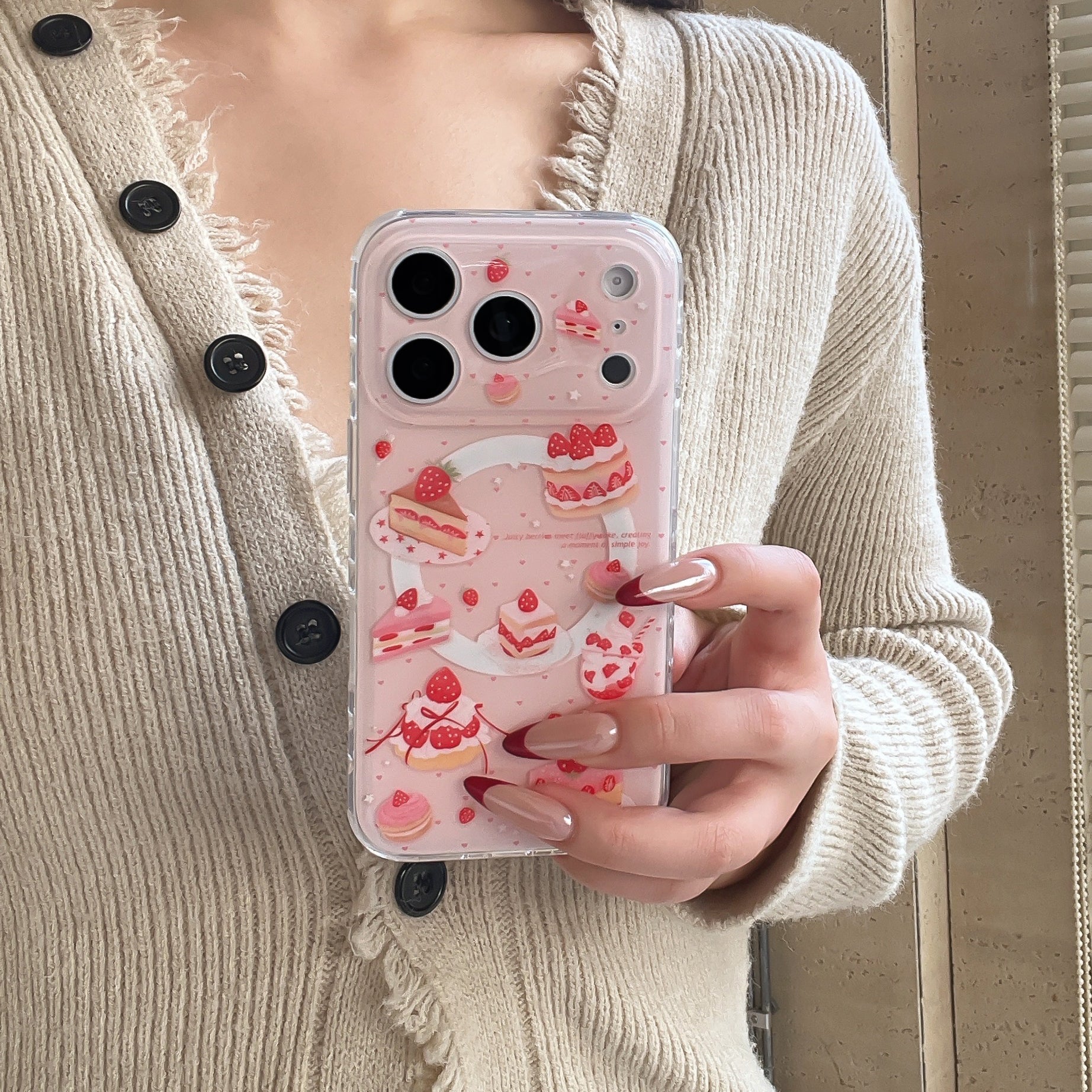 Blush Tone Full Print Strawberry Cake Shaker Phone Case for iPhone 13-17 Pro Max