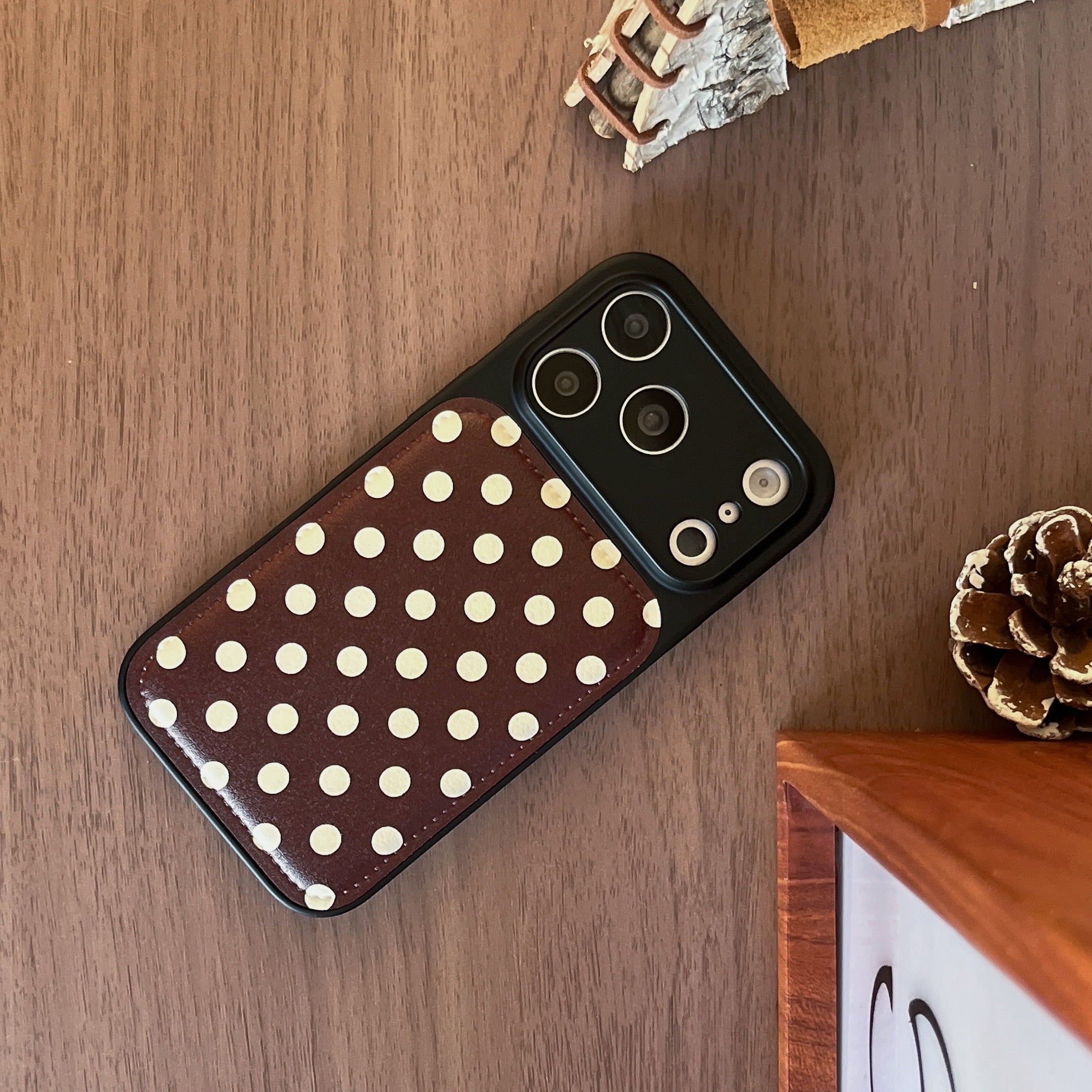 Burgundy polka dot + dog-shaped stand with large window phone case
