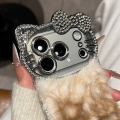 Plush Cat Rhinestone Frame Phone Case for iPhone 11-17 Pro Max - Luxury Design with Chain - Playfulcase
