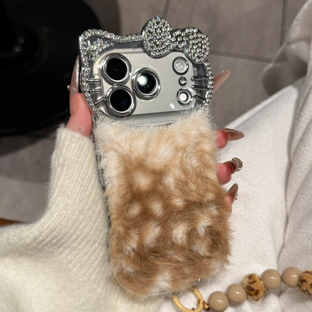 Plush Cat Rhinestone Frame Phone Case for iPhone 11-17 Pro Max - Luxury Design with Chain - Playfulcase