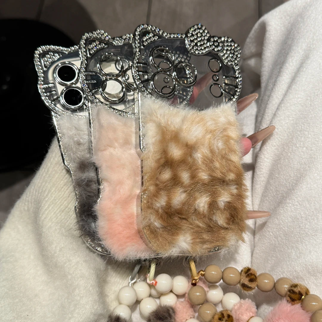 Plush Cat Rhinestone Frame Phone Case for iPhone 11-17 Pro Max - Luxury Design with Chain - Playfulcase