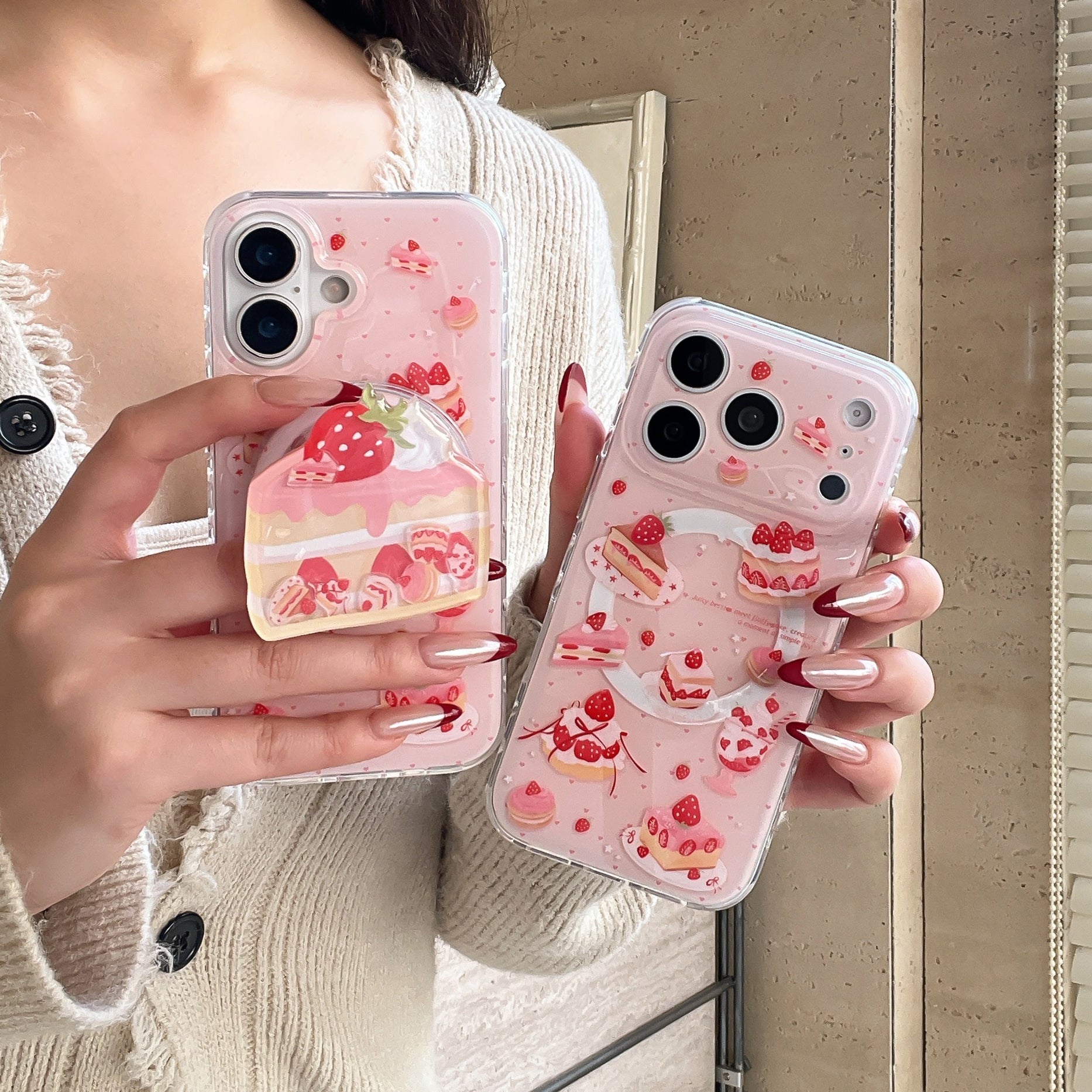 Blush Tone Full Print Strawberry Cake Shaker Phone Case for iPhone 13-17 Pro Max