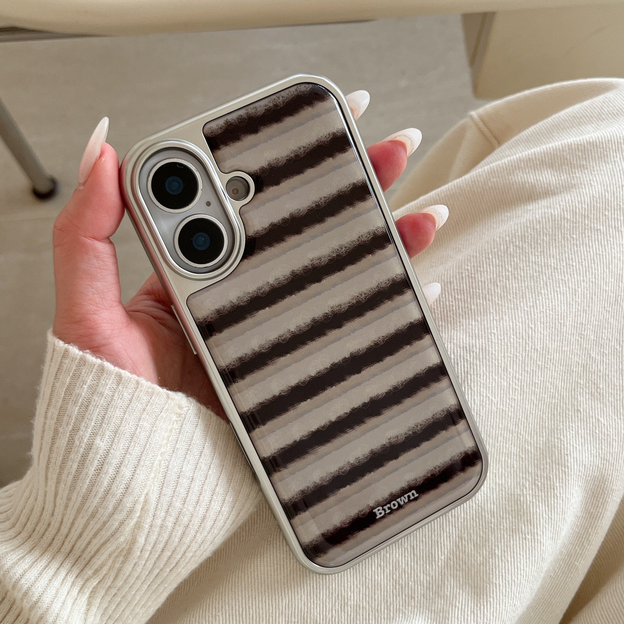 Striped 3D Pearl Bear Phone Case with Silver Edge
