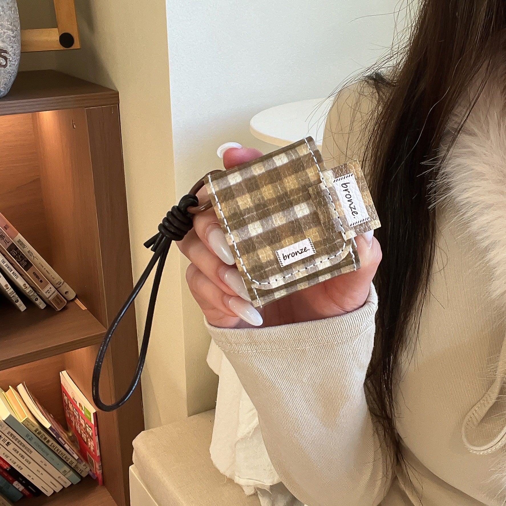 Brown plaid plush bear leather bag and earphone cover