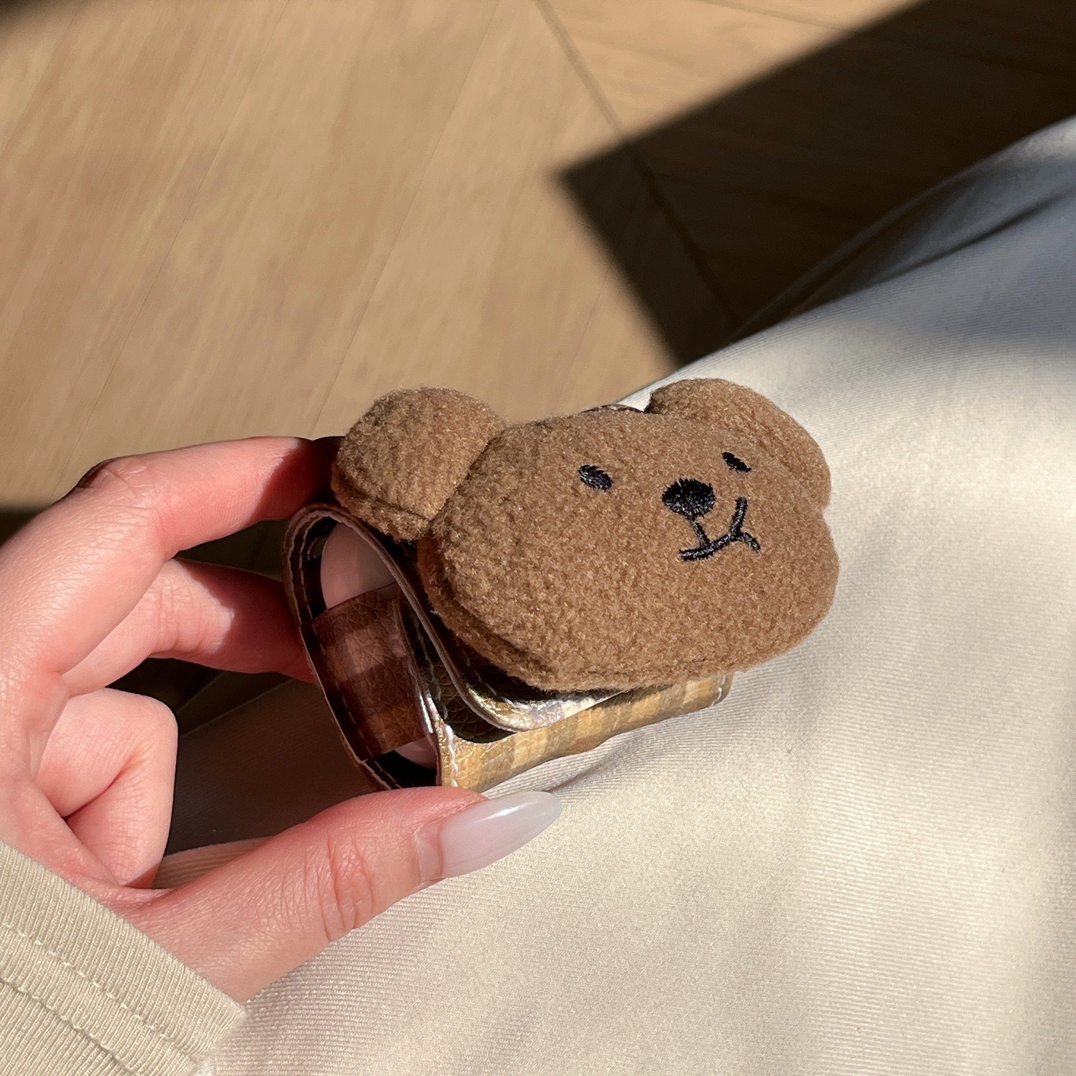 Brown plaid plush bear leather bag and earphone cover