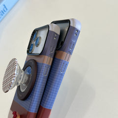 Brown, blue, and white striped phone case with magnetic stand