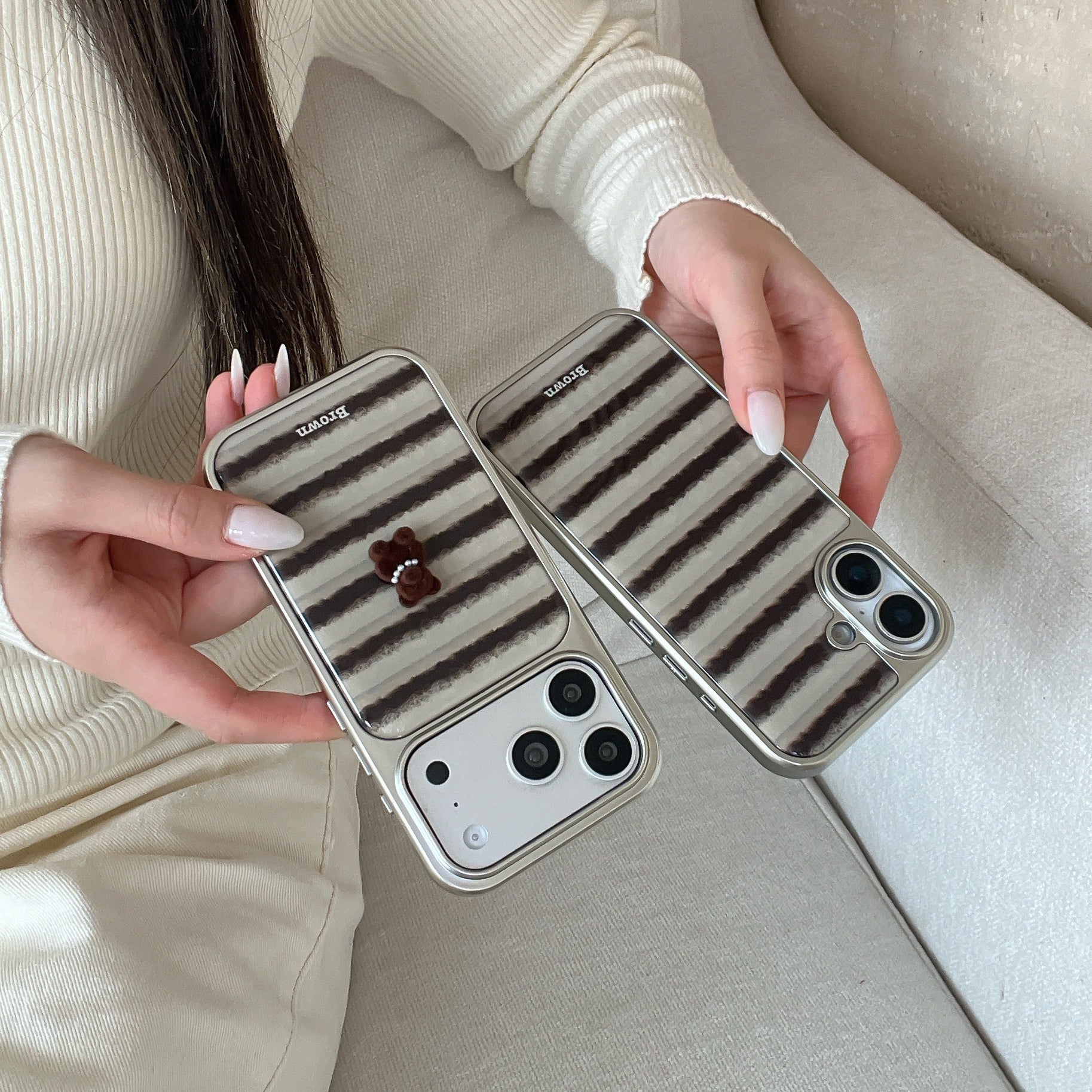Striped 3D Pearl Bear Phone Case with Silver Edge