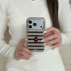 Striped 3D Pearl Bear Phone Case with Silver Edge