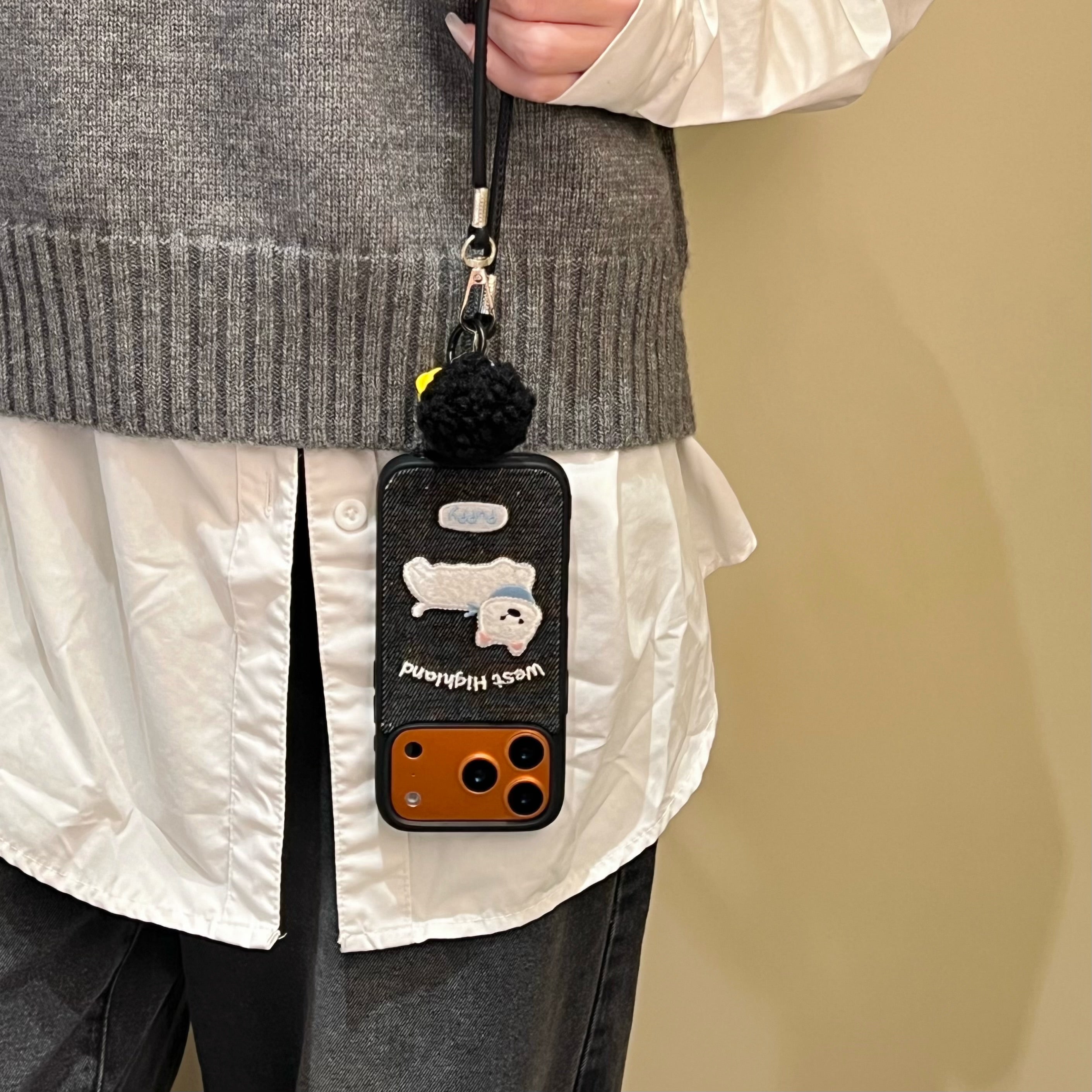 Black/White Puppy Denim Embroidered Phone Case