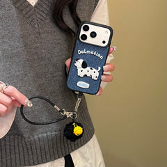 Black/White Puppy Denim Embroidered Phone Case