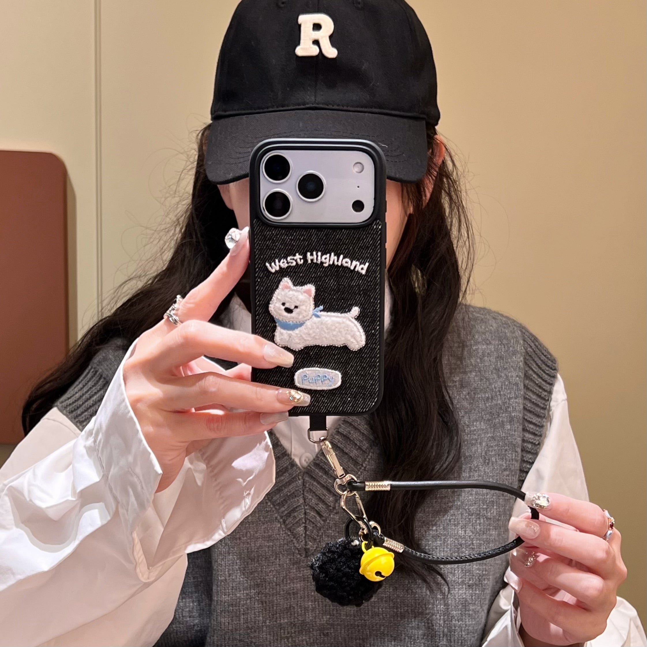 Black/White Puppy Denim Embroidered Phone Case