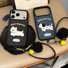 Black/White Puppy Denim Embroidered Phone Case