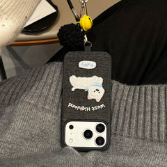 Black/White Puppy Denim Embroidered Phone Case