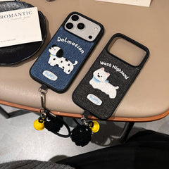 Black/White Puppy Denim Embroidered Phone Case
