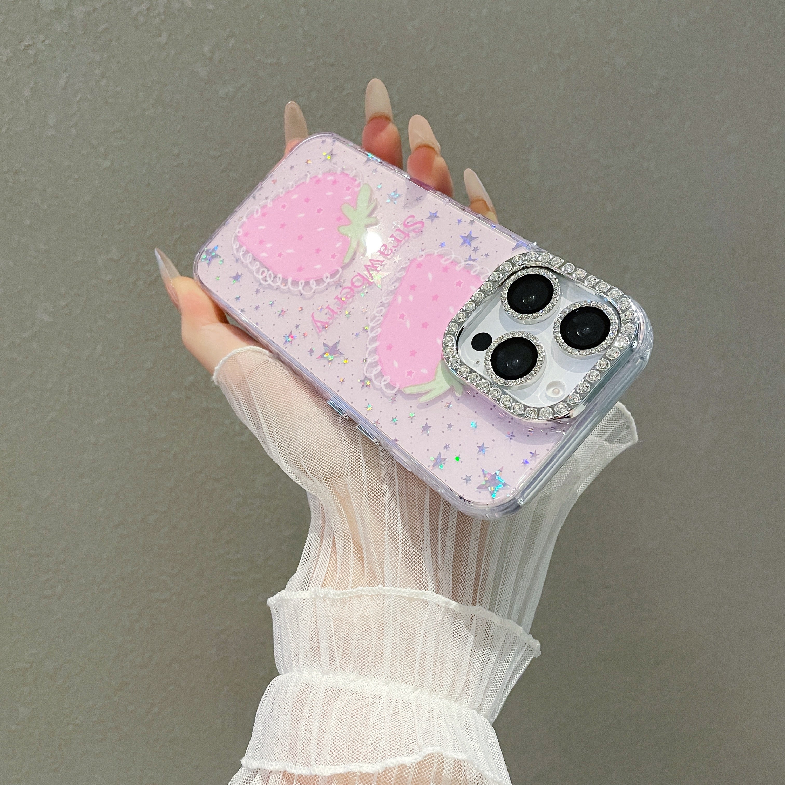 Blue light epoxy diamond colored strawberry phone case