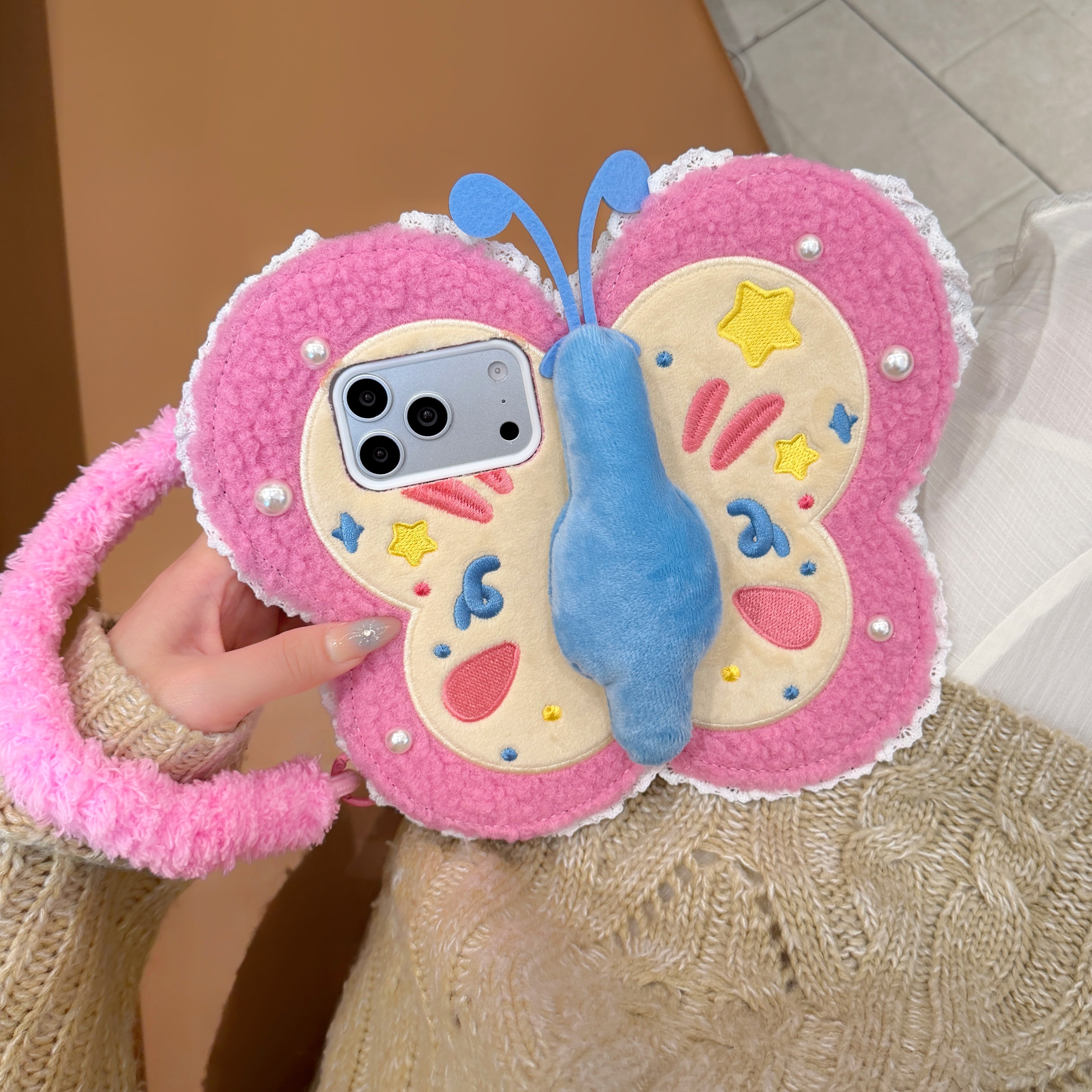 Plush butterfly flip-cover mirror phone case for Apple phones