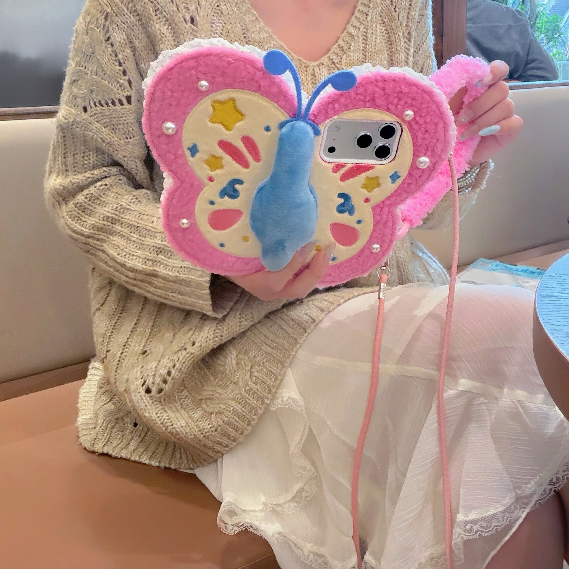 Plush butterfly flip-cover mirror phone case for Apple phones