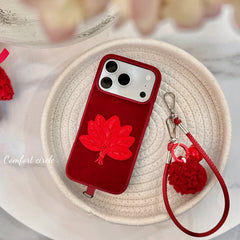 Red pomelo leaf embroidered phone case