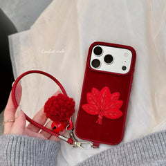 Red pomelo leaf embroidered phone case