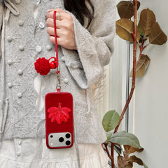 Red pomelo leaf embroidered phone case