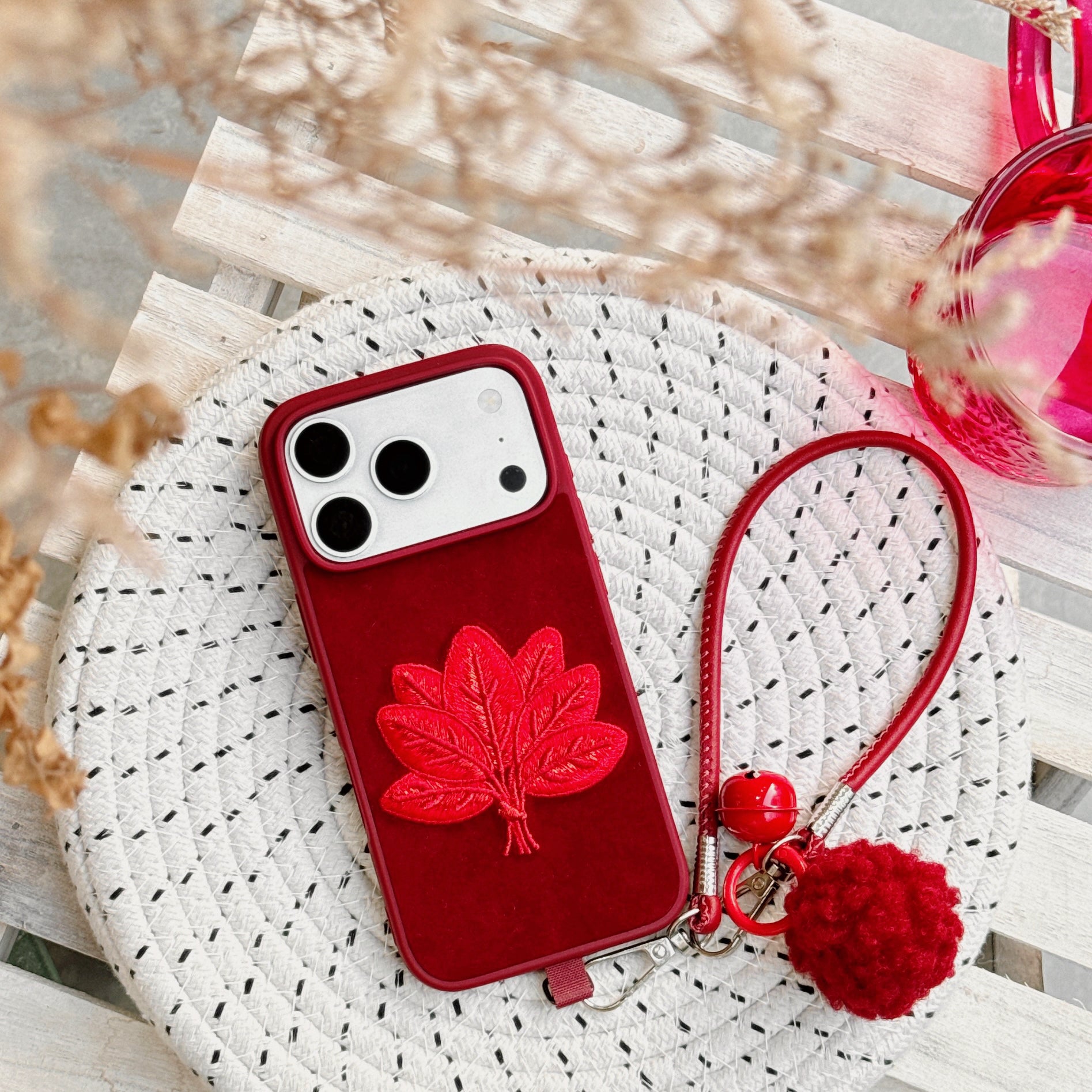 Red pomelo leaf embroidered phone case