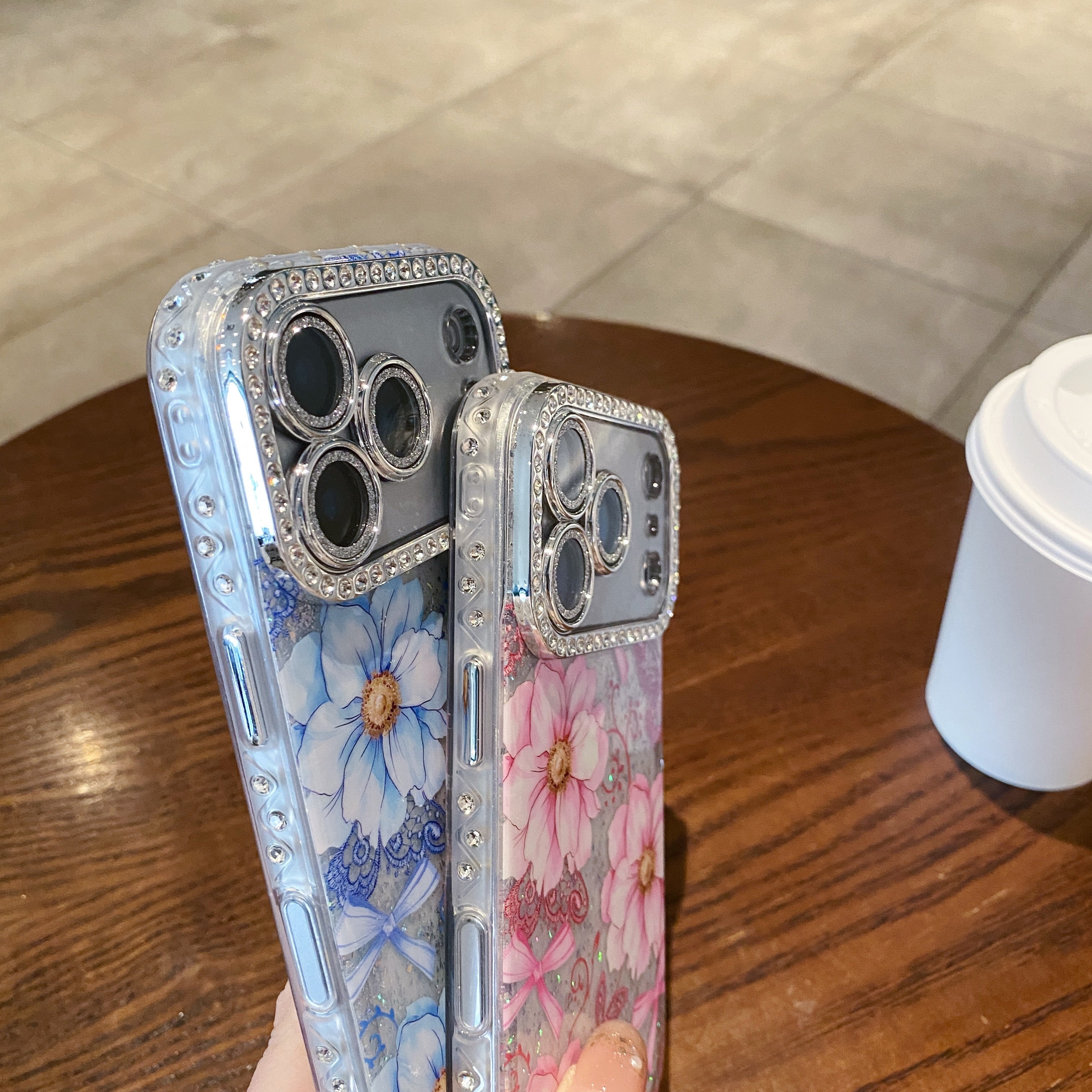 Oil painting-inlaid rhinestone flower glitter transparent case