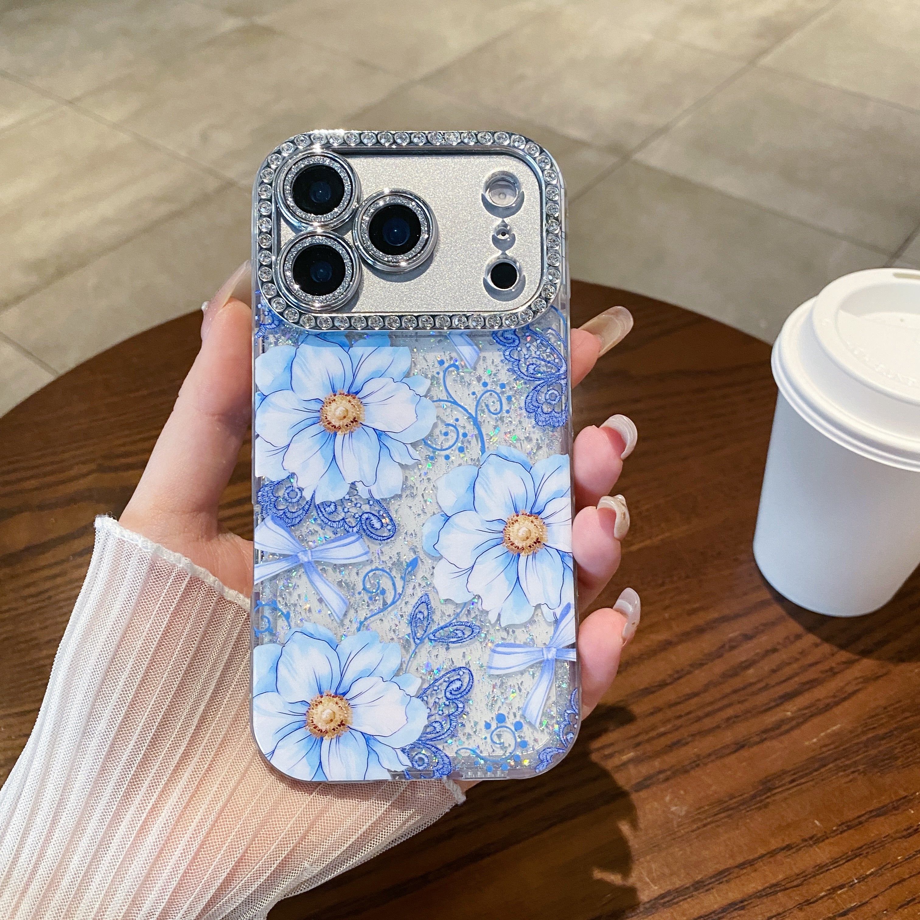 Oil painting-inlaid rhinestone flower glitter transparent case