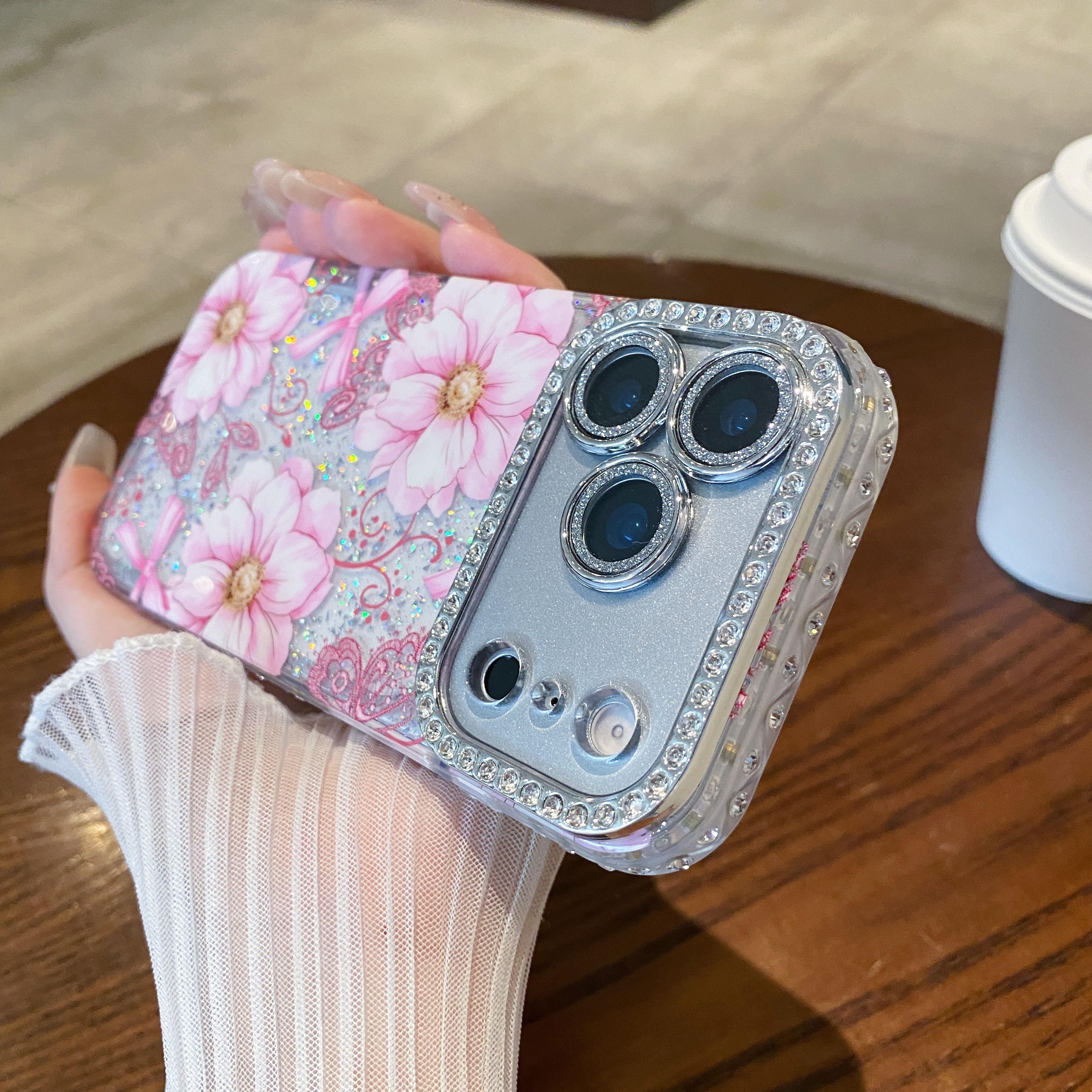 Oil painting-inlaid rhinestone flower glitter transparent case