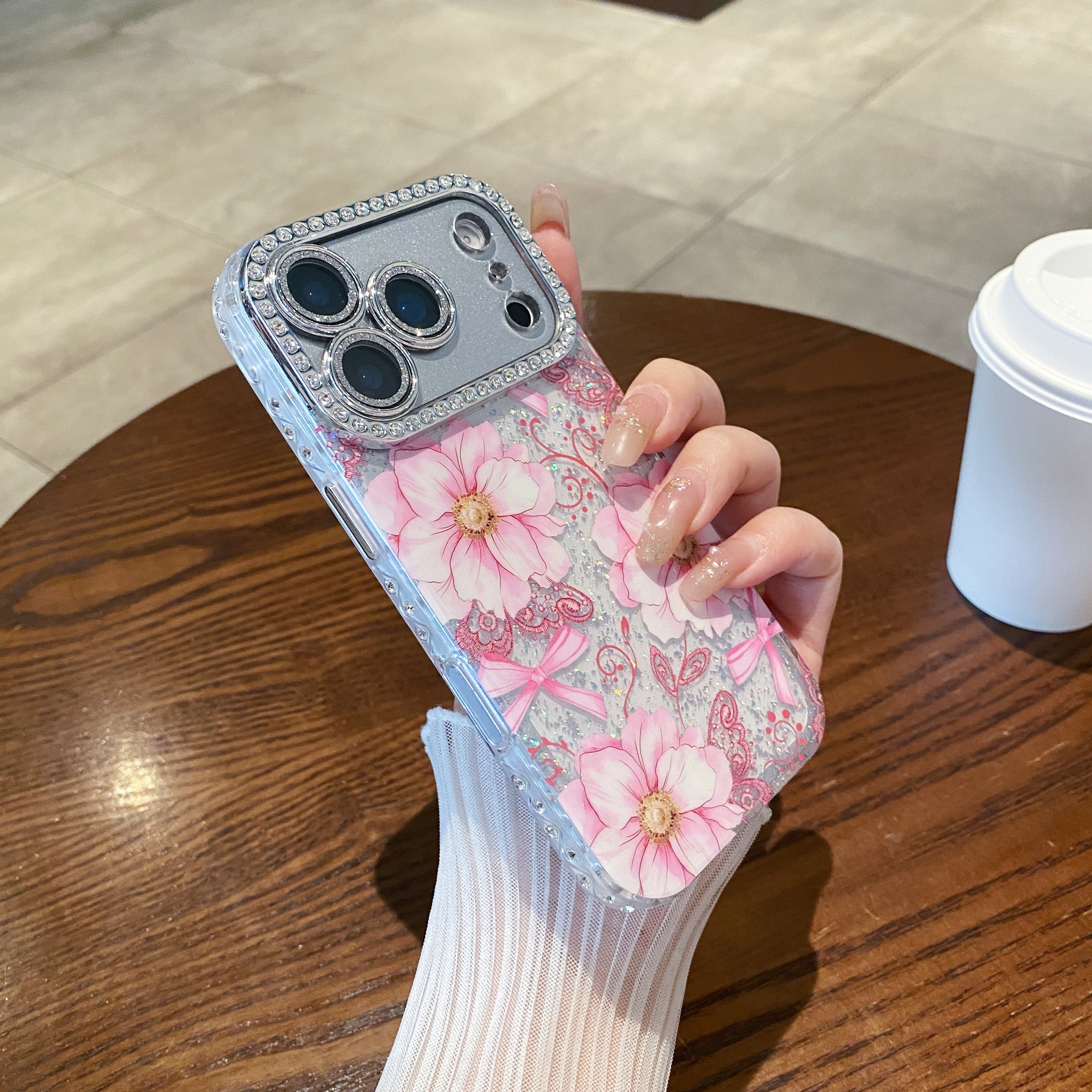 Oil painting-inlaid rhinestone flower glitter transparent case