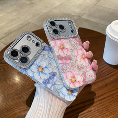 Oil painting-inlaid rhinestone flower glitter transparent case