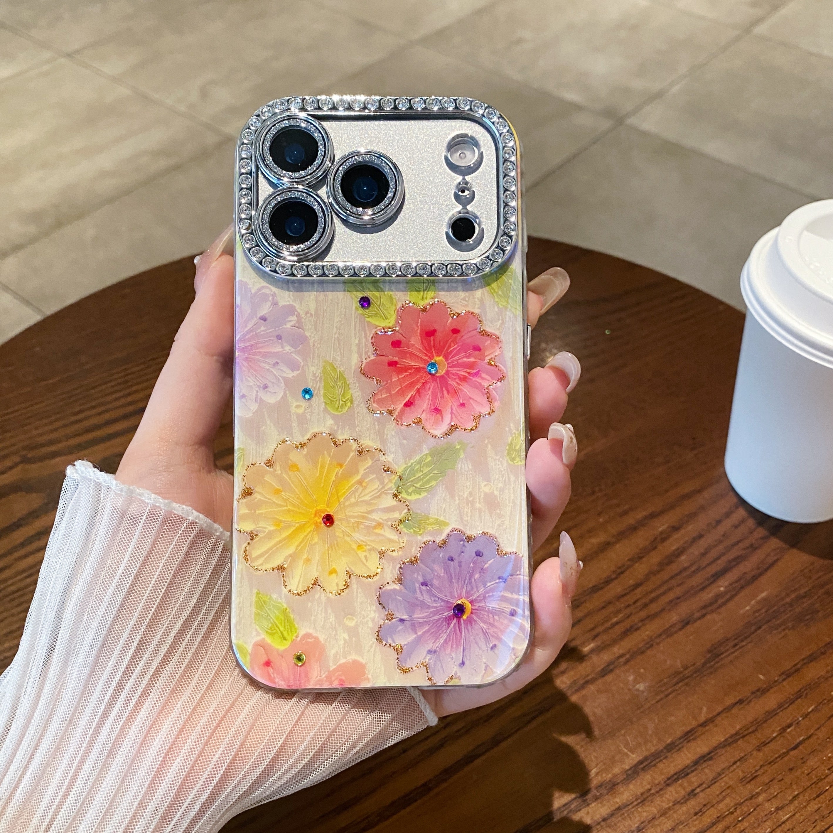 Blue light epoxy diamond colored flower phone case
