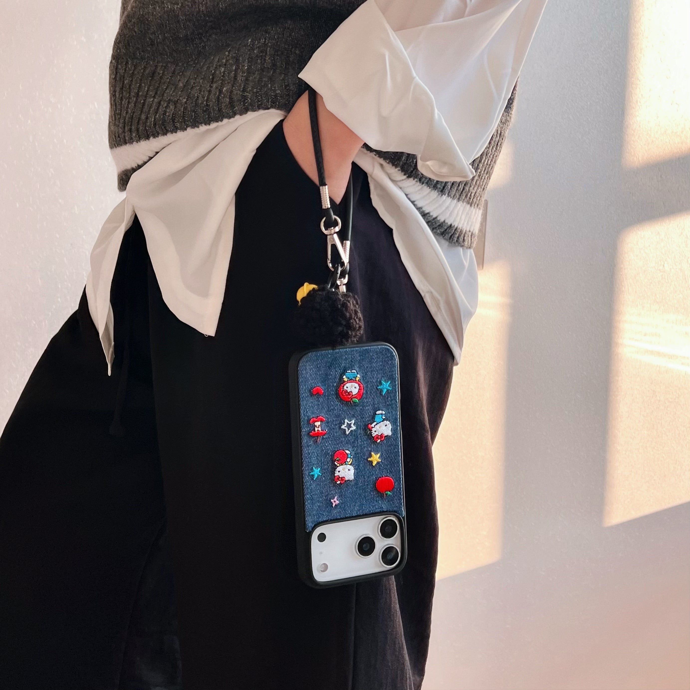 Blue and black Kitty embroidered denim phone case