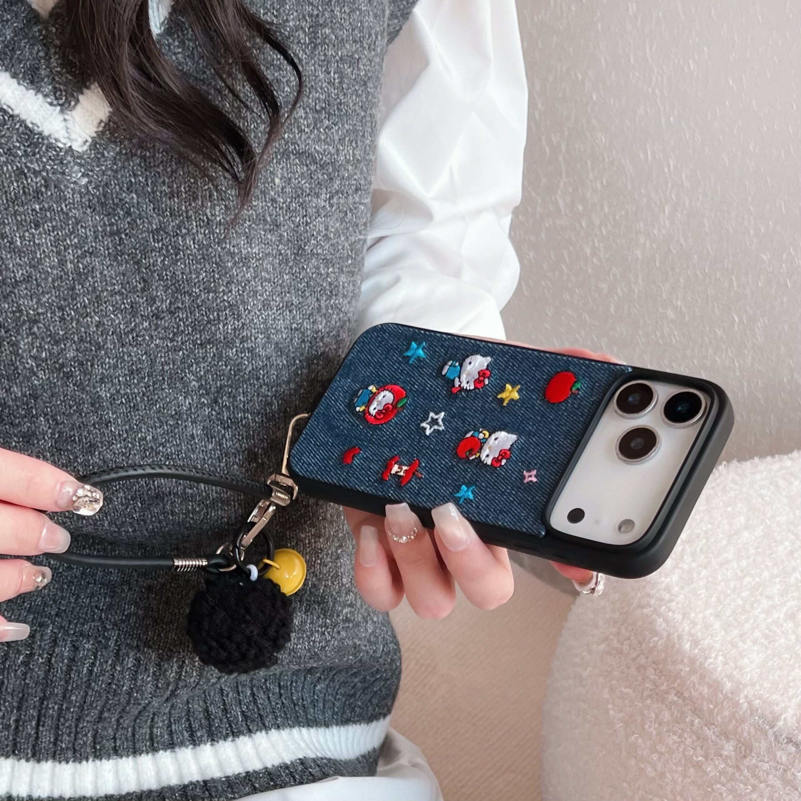 Blue and black Kitty embroidered denim phone case