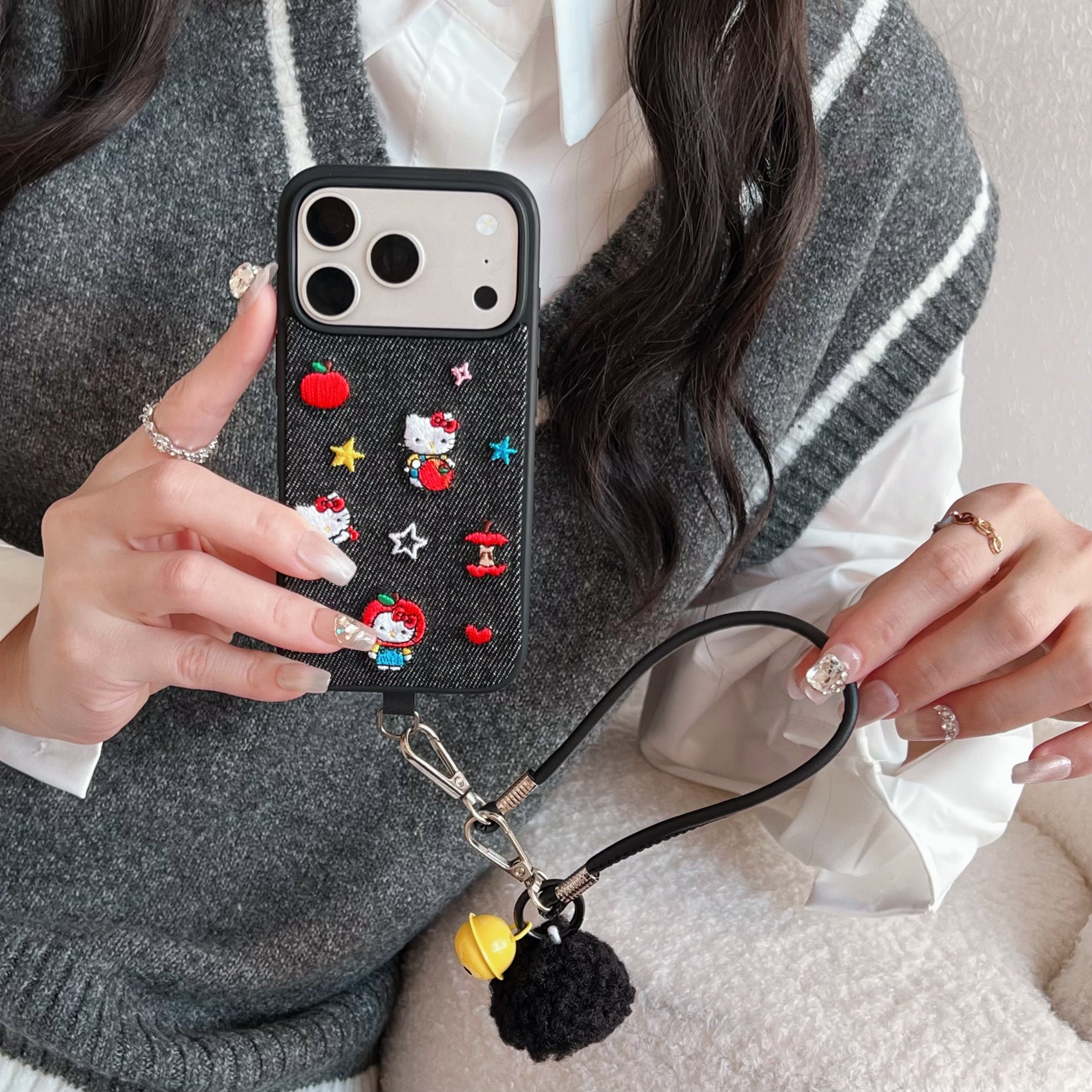 Blue and black Kitty embroidered denim phone case