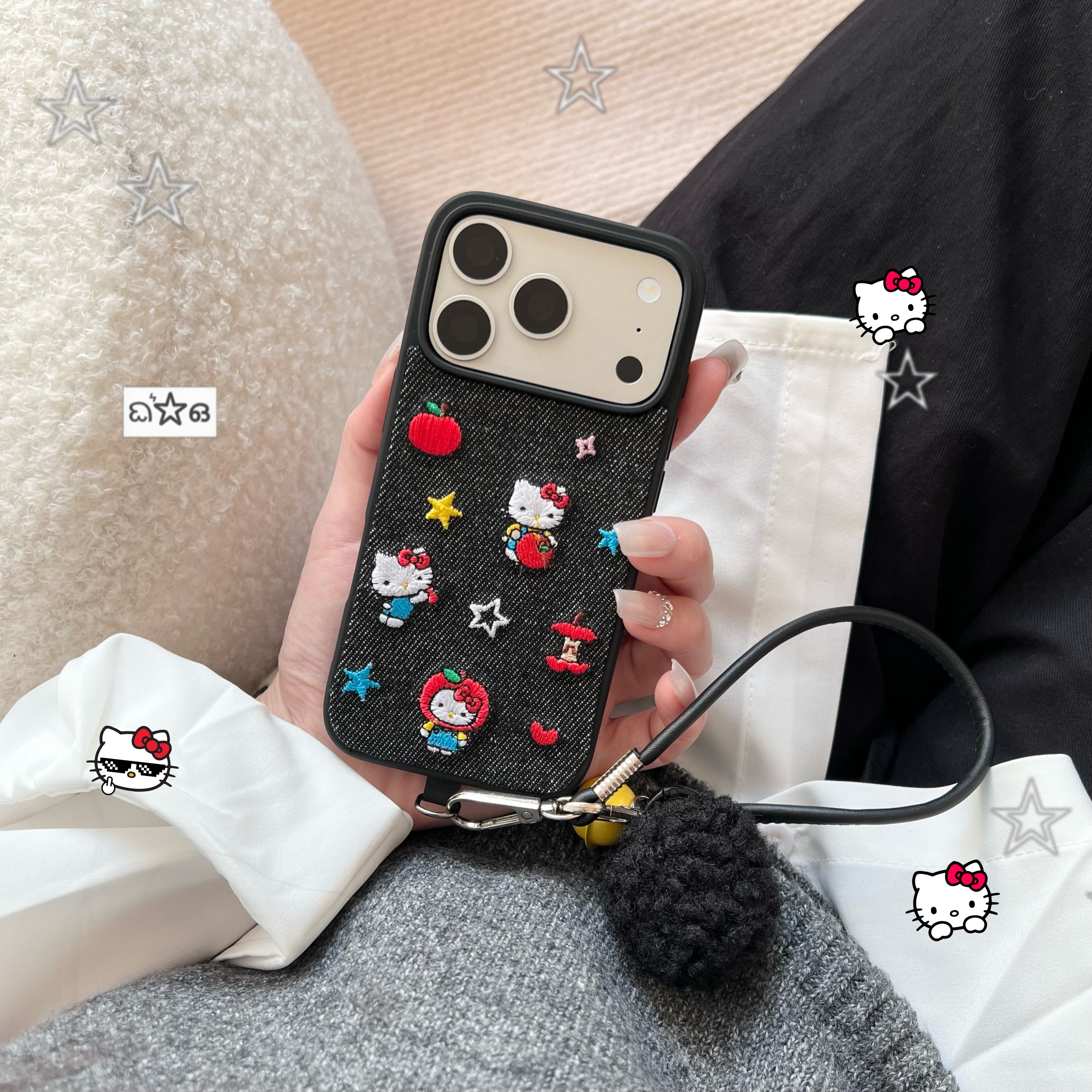 Blue and black Kitty embroidered denim phone case