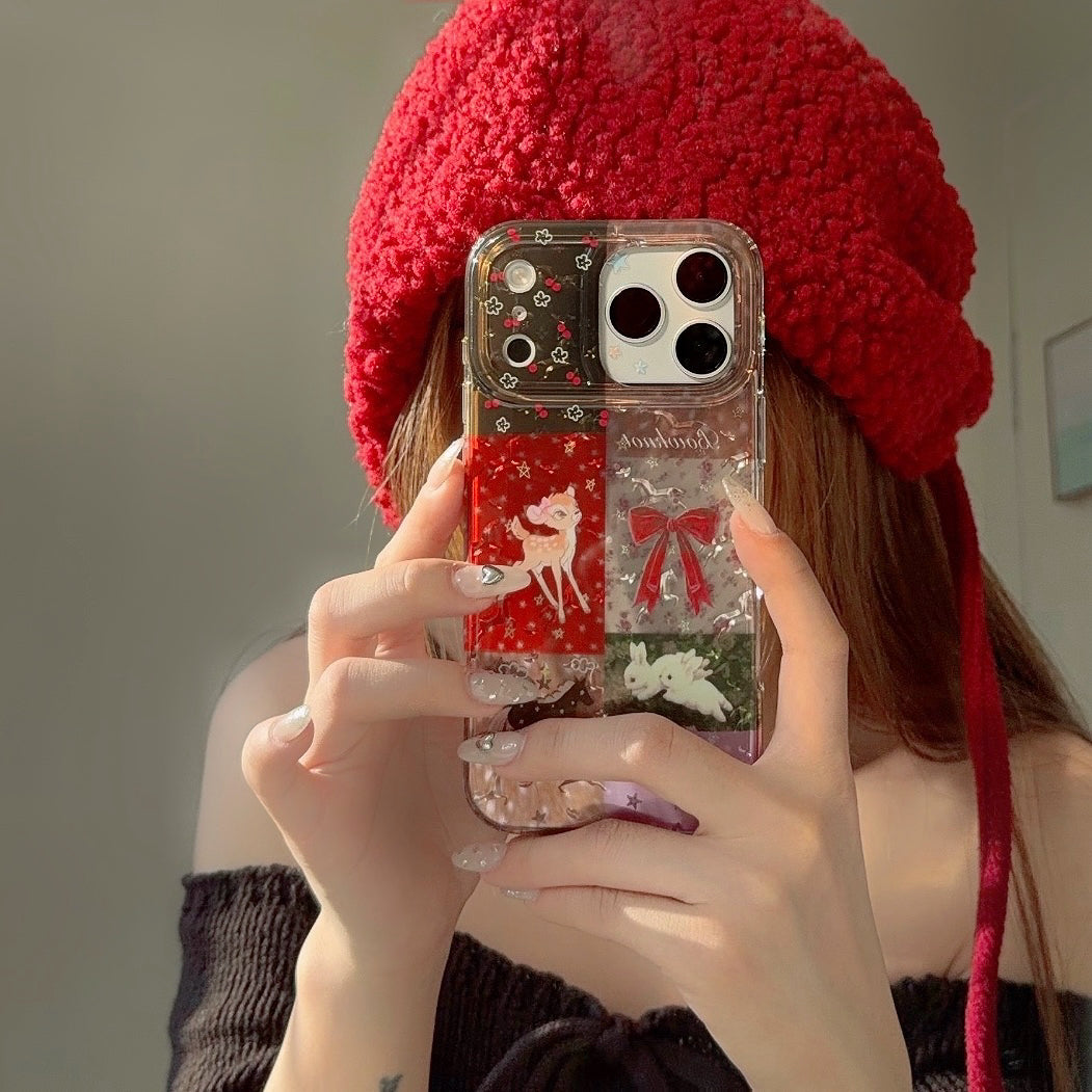 Plaid, floral, and cartoon deer design iPhone case