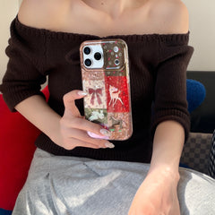 Plaid, floral, and cartoon deer design iPhone case