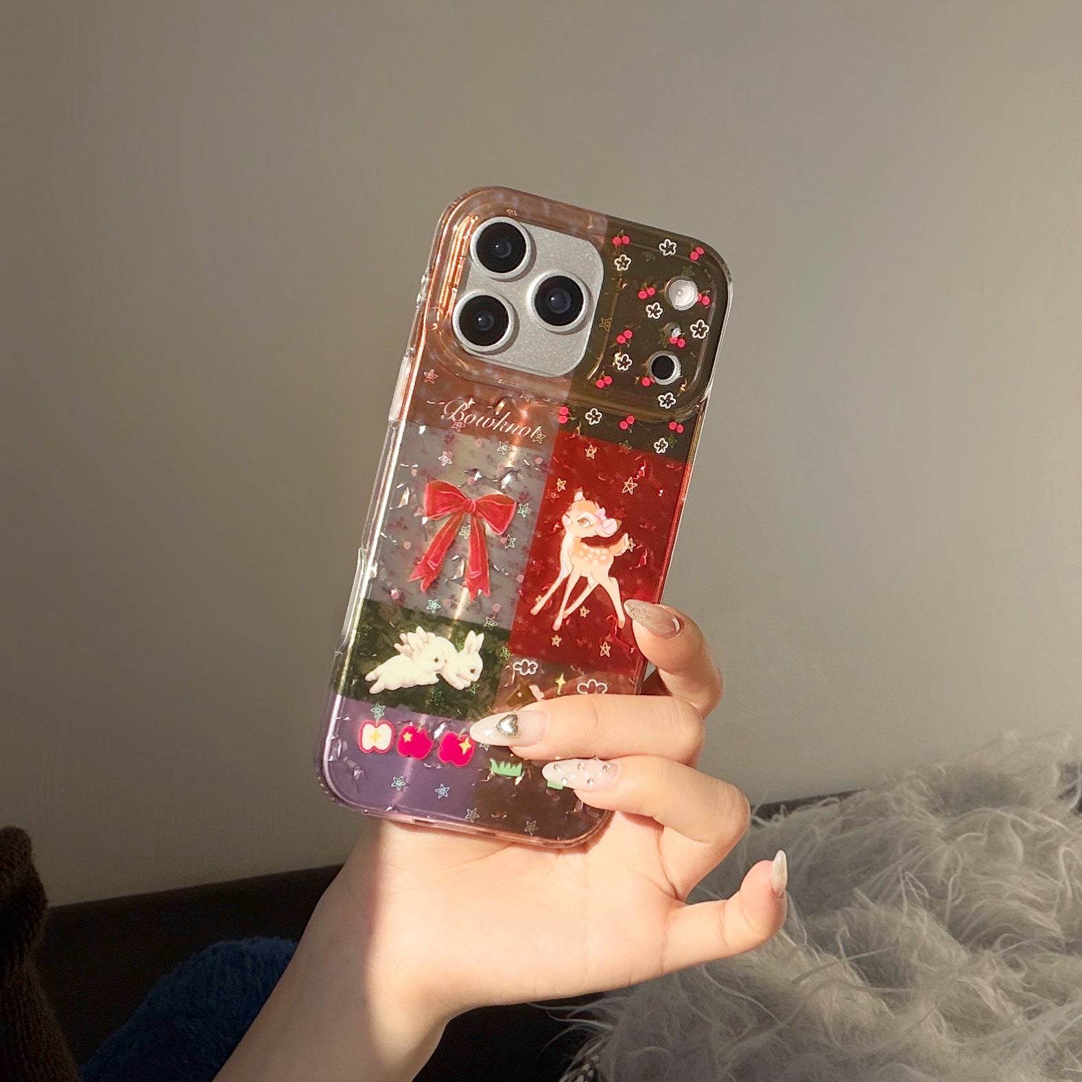 Plaid, floral, and cartoon deer design iPhone case