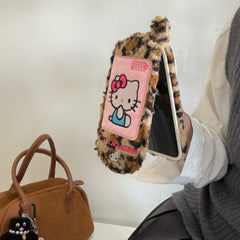 Plush embroidered leopard print Kitty flip phone case