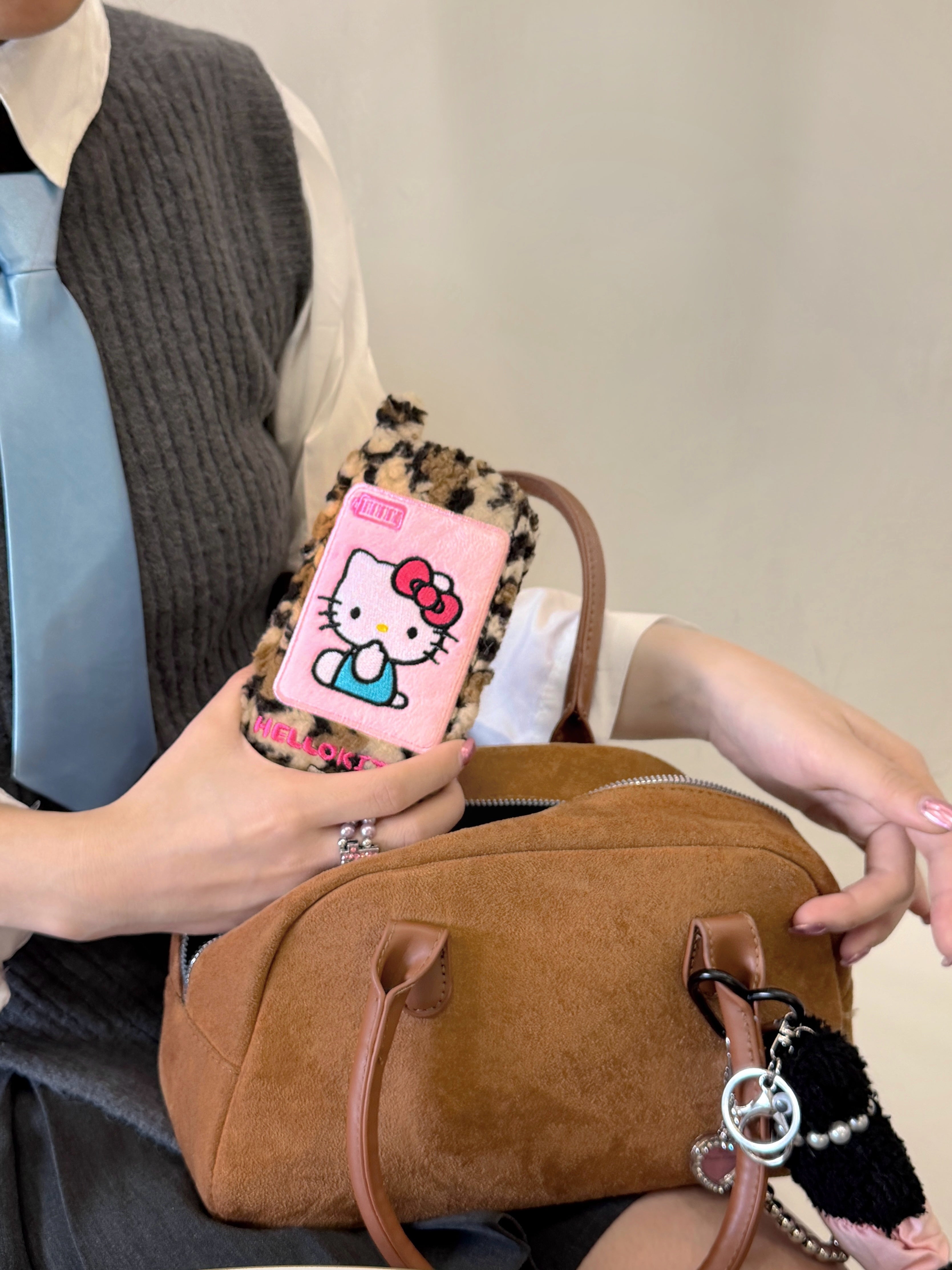 Plush embroidered leopard print Kitty flip phone case