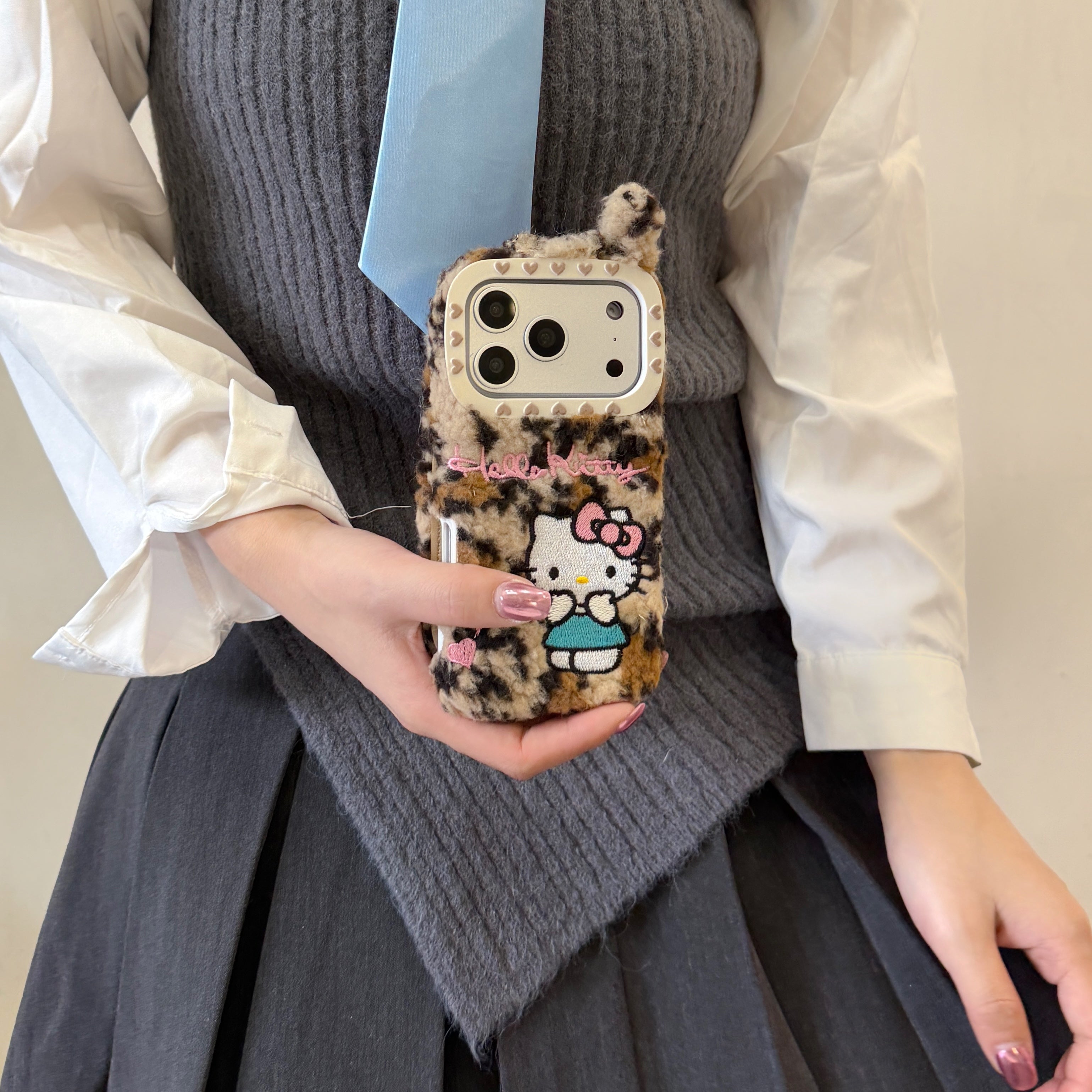 Plush embroidered leopard print Kitty flip phone case