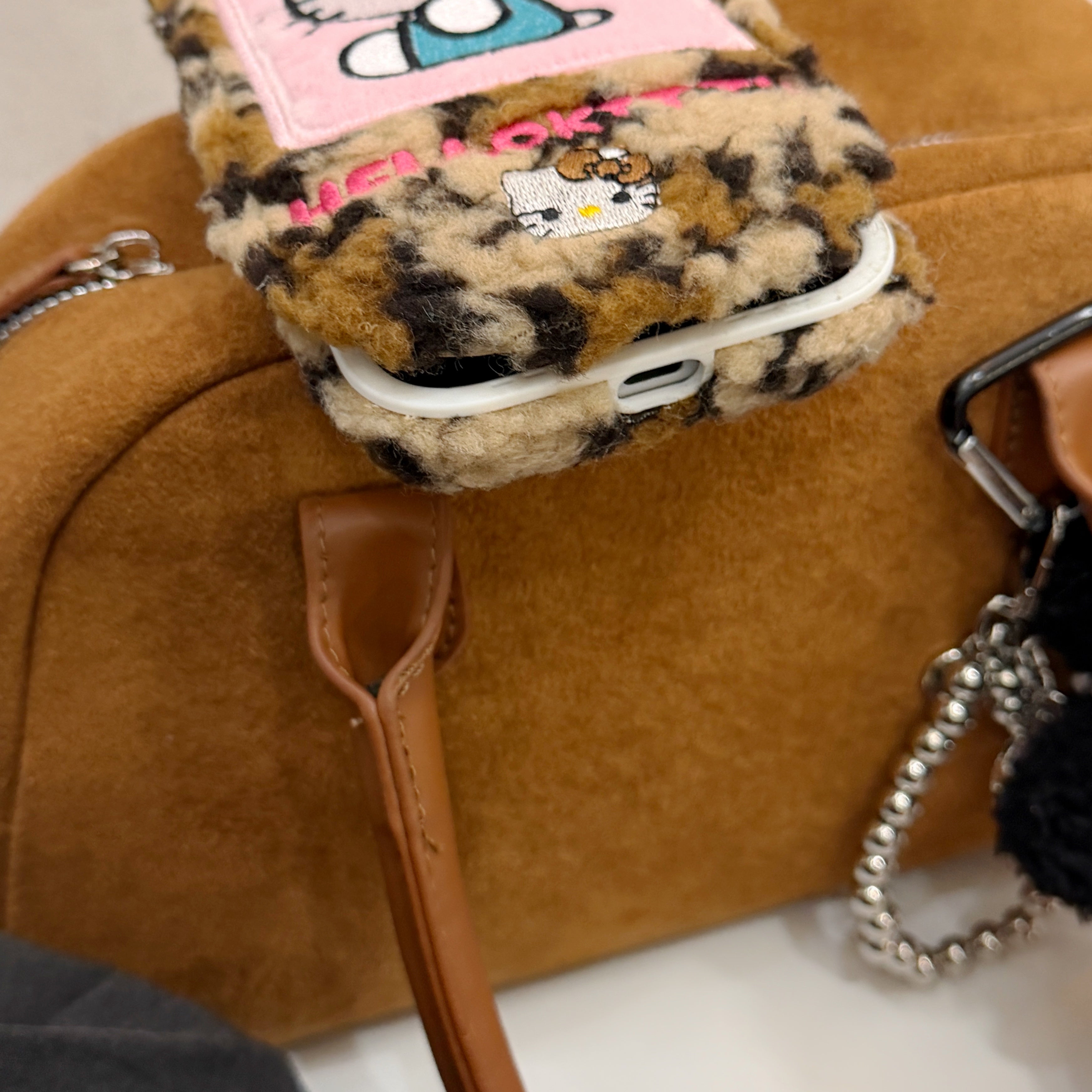 Plush embroidered leopard print Kitty flip phone case