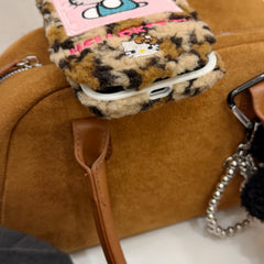 Plush embroidered leopard print Kitty flip phone case