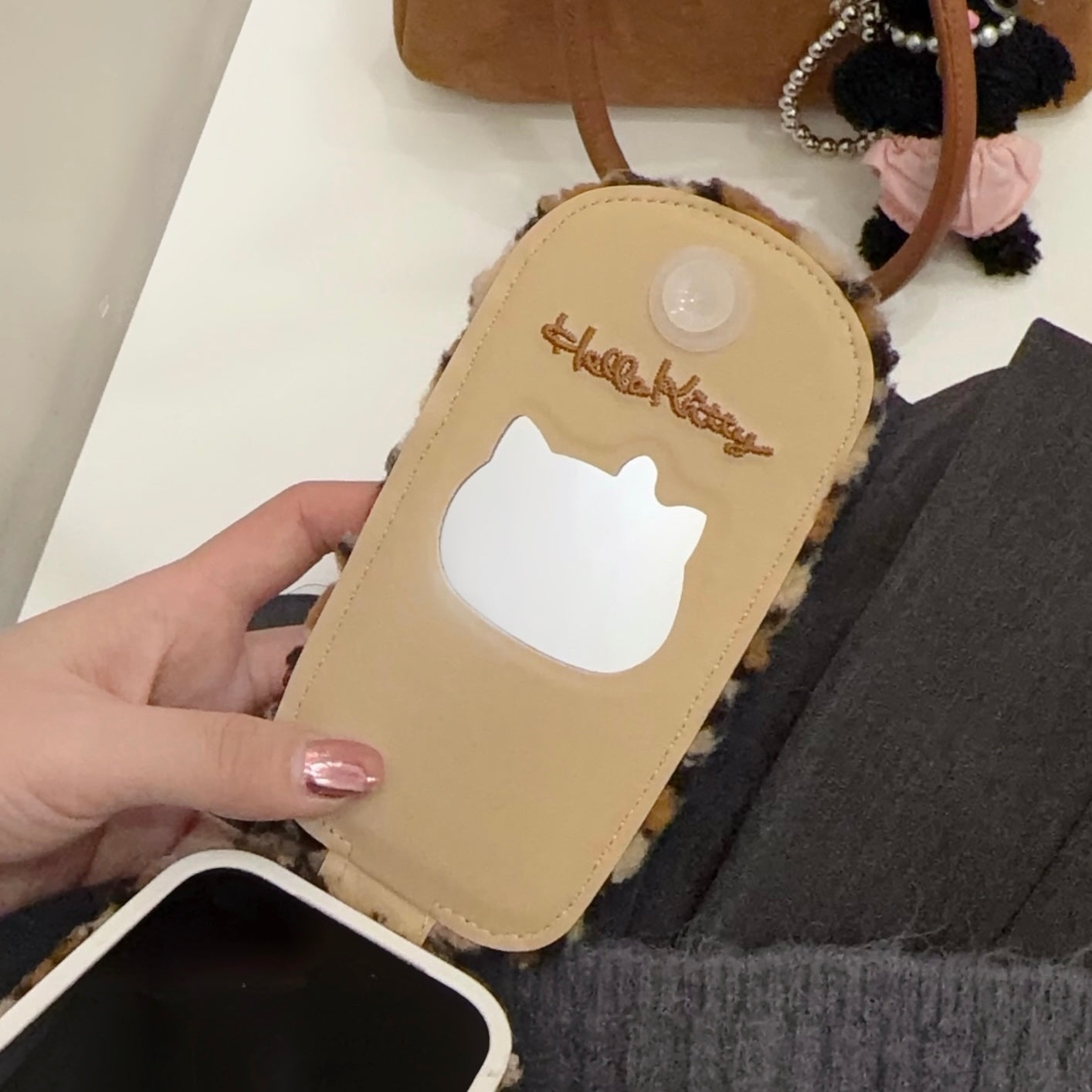 Plush embroidered leopard print Kitty flip phone case